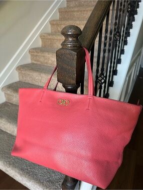 Salvatore Ferragamo Coral Pink Pebbled Leather Tote with Gold Gancini